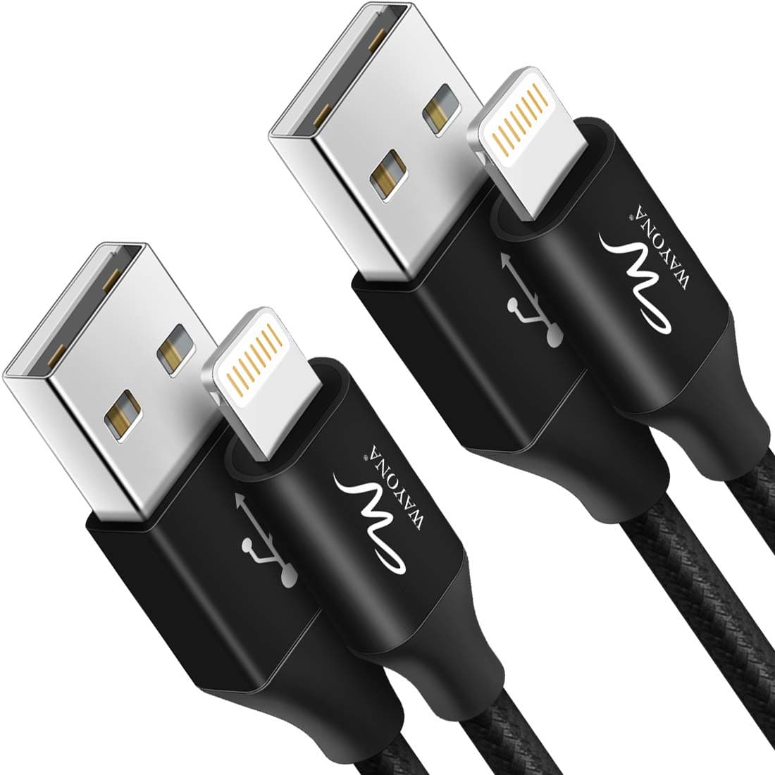 Wayona Nylon Braided Long Lightning To Usb Syncing And Fast Charging Carplay Charger Cable For Iphone, Ipad (6 Ft, Black) - Pack Of 2