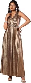 FabAlley Women Brown Metallic Wrap Maxi Dress with Embellished Belt