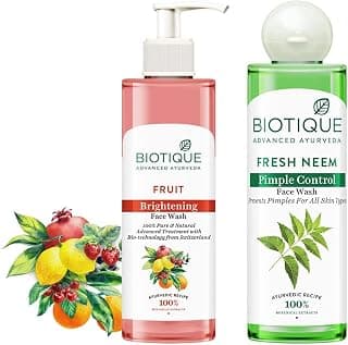 Biotique Fruit Brightning Face Wash, 200ml & Biotique Fresh Neem Pimple Control Face Wash Prevents Pimples For All Skin Types, 200ml