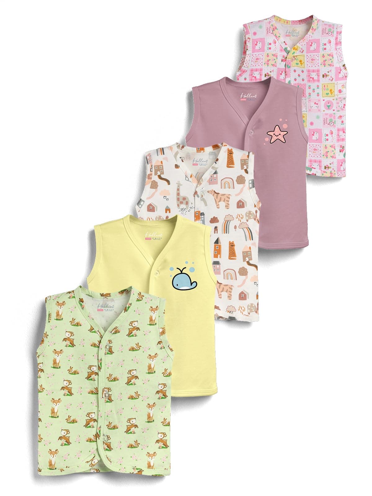 HELLCAT 100% Cotton Front Open Jhabla Vest & T Shirt for Babies - Pack of 5 (Unisex,Sleeveless)