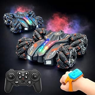 VGRASSP 4WD Rechargeable Dual Control Stunt Drift Car Toy for Kids with Remote Control and Gesture Wrist Controller - 360° Rotating Double Sided RC Car with Mist Spray, Lights & Sound - Multicolor