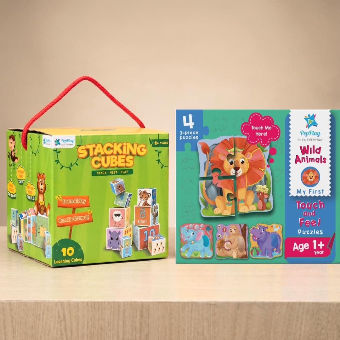 PepPlay Toddler Learning Combo, Stacking and Nesting Cubes + Touch and Feel Wild Animal Puzzle, Montessori Educational Toys for 1 to 4 Year Old Kids, Travel, Early Learning Brain Development Gift Set