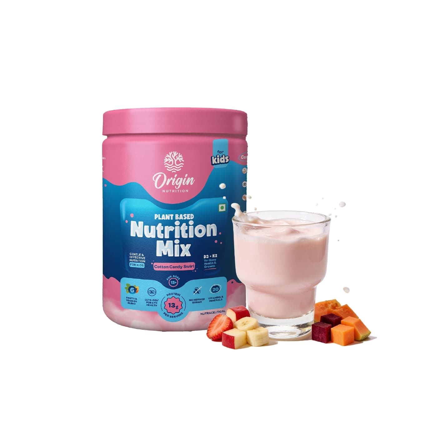 Origin Kids Plant-Based Nutrition Mix | Age 13+ | 13g Clean Protein | No Refined Sugar I 20 Essential Vitamins and Minerals | Prebiotics and Probiotics I Supports Growth, Energy, Immunity & Eye Health I Allergen-Free I Cotton Candy Swirl I 11 servings