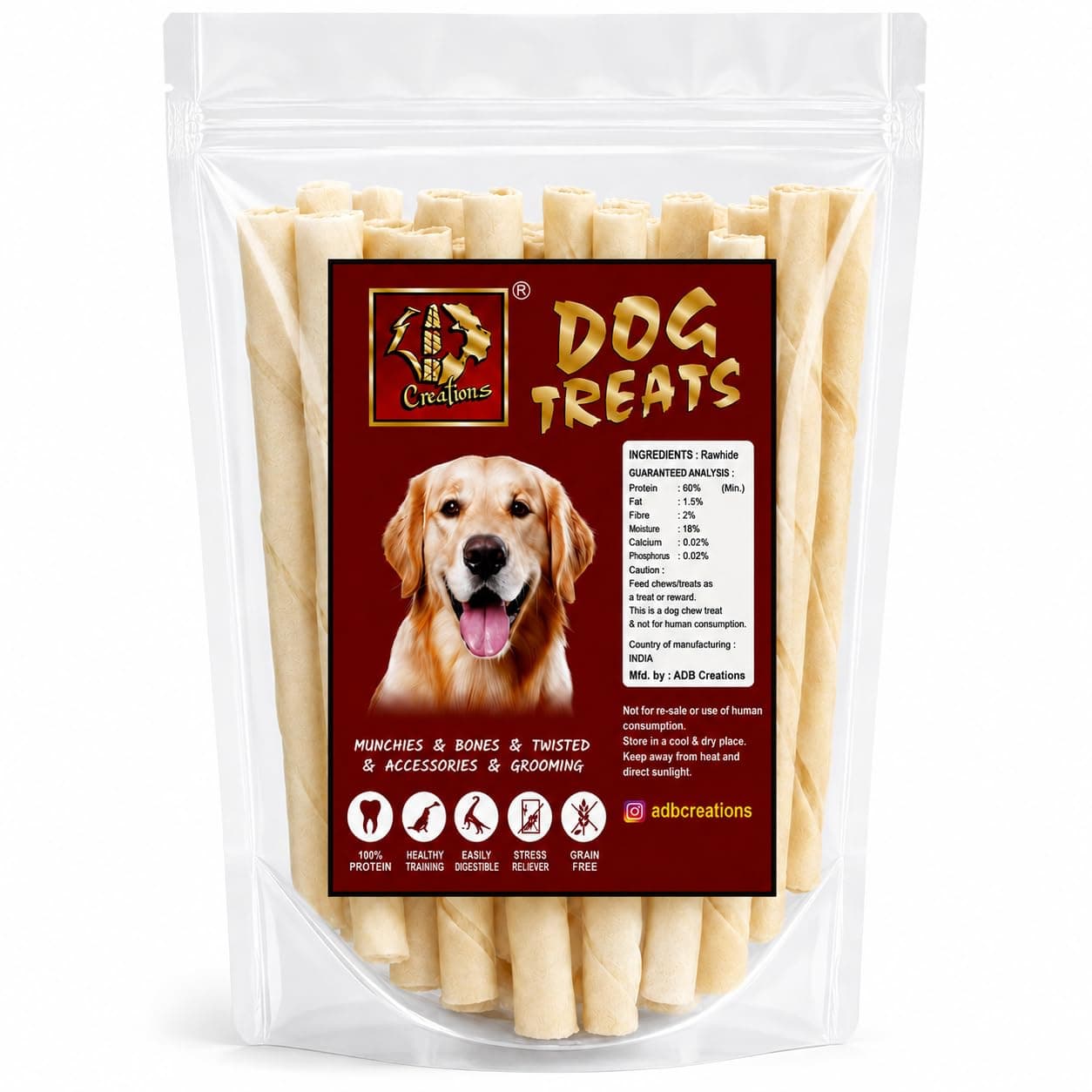 ADB Creations Chicken Flavour Dogs Chew Stick, 400G Milky Rawhide Calcium Twisted Treats, Teeth Cleaning & Bone Support Snacks for Adult Dogs and Puppies
