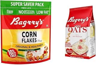 Bagrry’s Corn Flakes+ Original 800g Added Fibre Prebiotic Cereal Low Fat No Preservatives and Bagrry’s White Oats 1kg Whole Grain Instant Oats High Fibre Protein Non-GMO