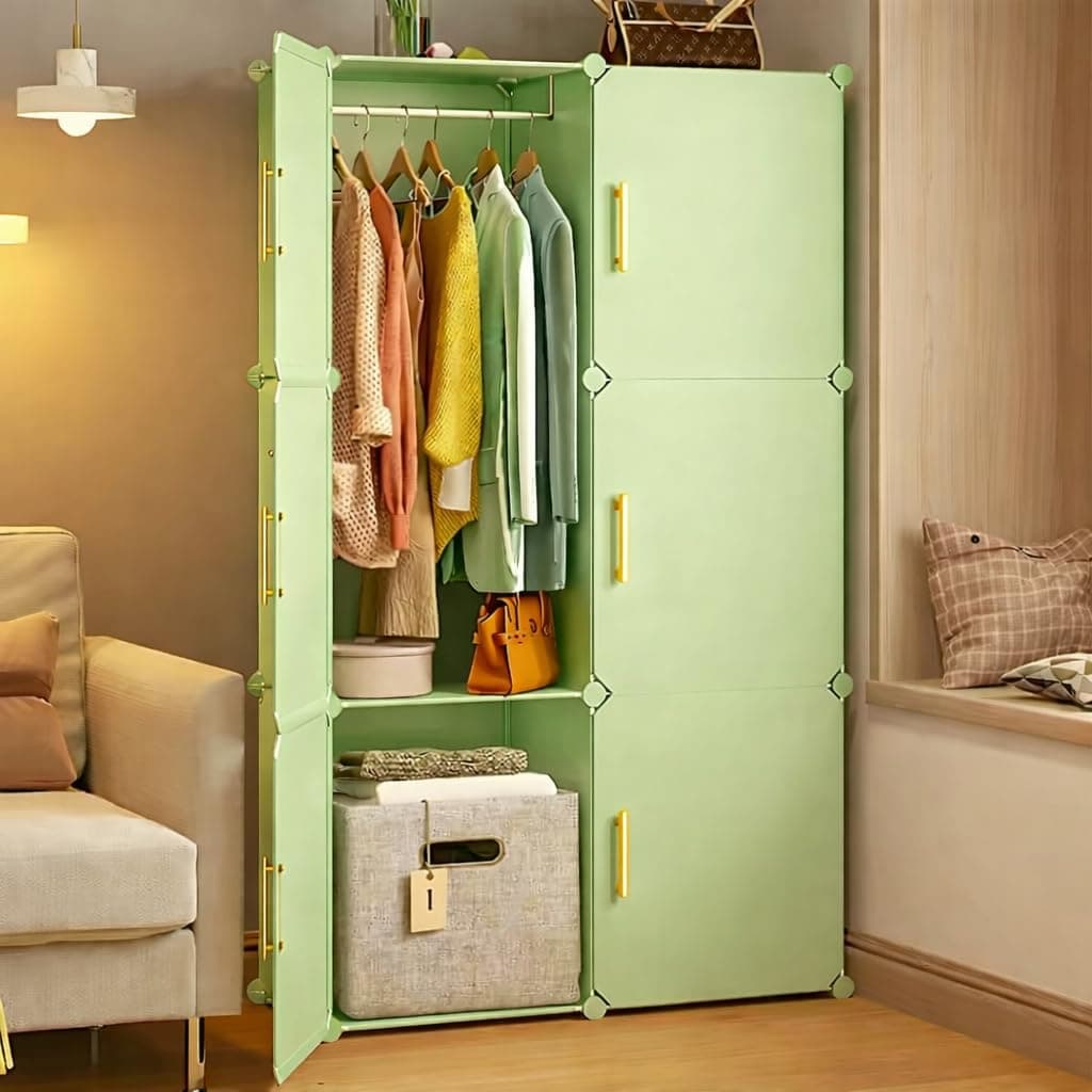 EXVITO 6 Door Kids Plastic Wardrobe for Clothes, Foldable Plastic Almirah for Clothes, Collapsible Wardrobe for Storage, Baby Cupboard for Clothes, Storage Rack for Kids - Green