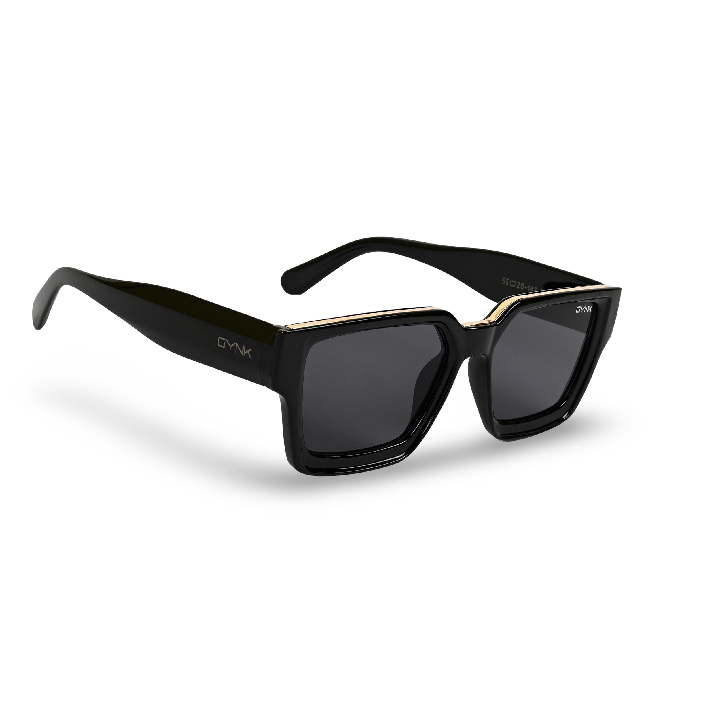 GYNK Premium Square Sunglasses, Black Frame with Gold Accent, Oversized Fashion Eyewear for Men