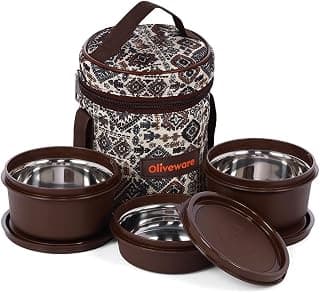 oliveware Falcon Lunch Box | Set of 3 Microwave Safe Containers | 1X300ml + 2x450ml | Leak-Proof & Easy to Carry (Brown) Stainless Steel