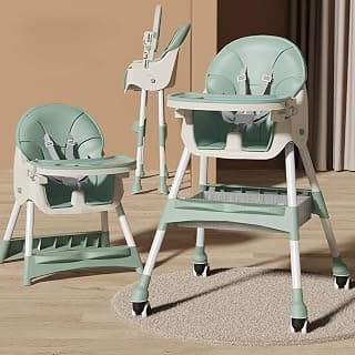 Mealtime Plus Baby High Chair for Feeding, Adjustable Height, Double Food Tray, Seat Cushion, Storage Bag & Lockable Wheels, Foldable Feeding Chair for Babies & Toddlers, Teal