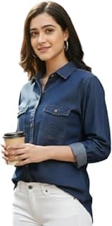 Women's Denim Shirt with Regular Fit Solid Pattern Long Sleeve Collared Neck and Button Down Closure|Women's Denim Shirt