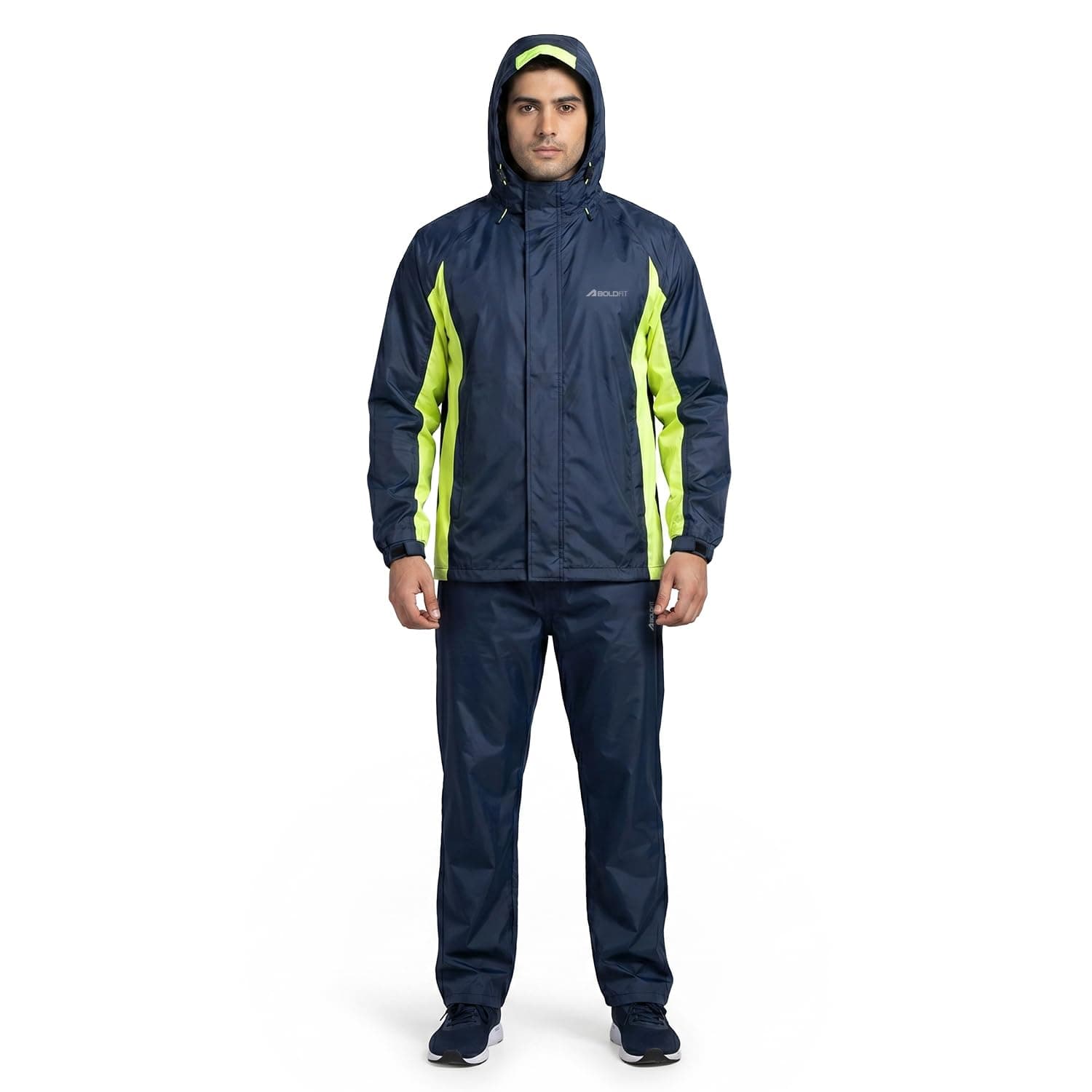 Boldfit Rain Jacket for Men Waterproof Unisex Rain Coat and Pant Set, Raincoat Jacket, Easy Adjustable Rainwear Top and Bottom Set, Waterproof Bike Riding, Navy Yellow, M-L (1 Pair)