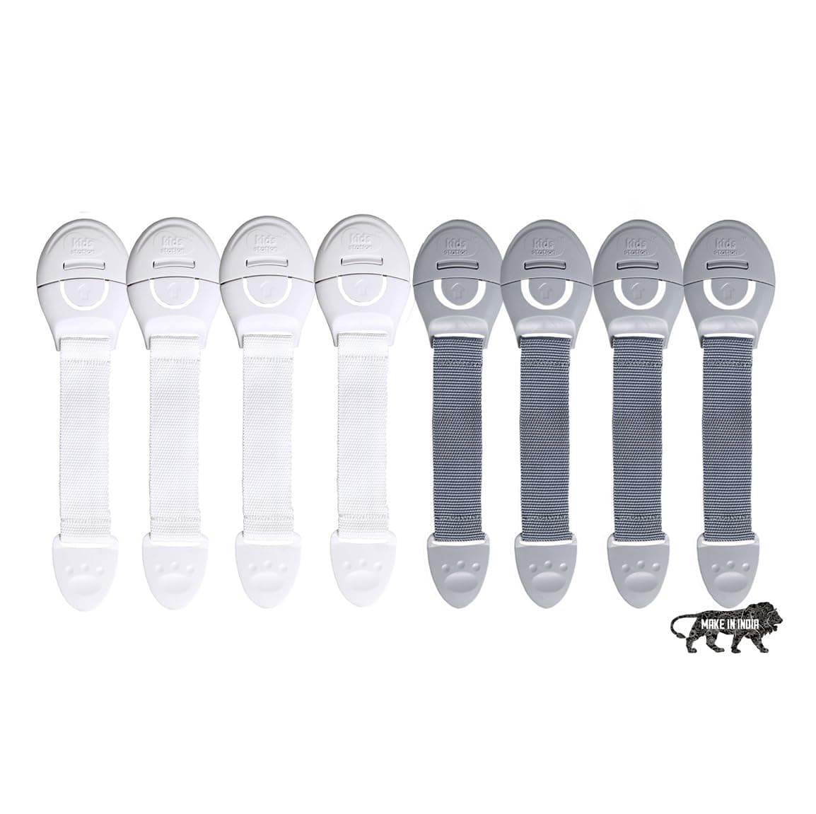 Kids Station Furniture Safety Locks for Kids, Pack of 4 Grey + 4 White, Made in India Child Safety, Locks for Drawers, Cabinets, Fridge, Cupboard Lock, Strong and Adhesive Safety Locks