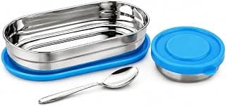 PRESCO Small Oval Stainless Steel Kids Lunch Box with Spoon for School Kids, Boys - Leakproof Tiffin Box for Men & Women, Picnic, Travel - Stylish, Compact & Daily Use Meal Prep Box, 450ml- Pack of 1