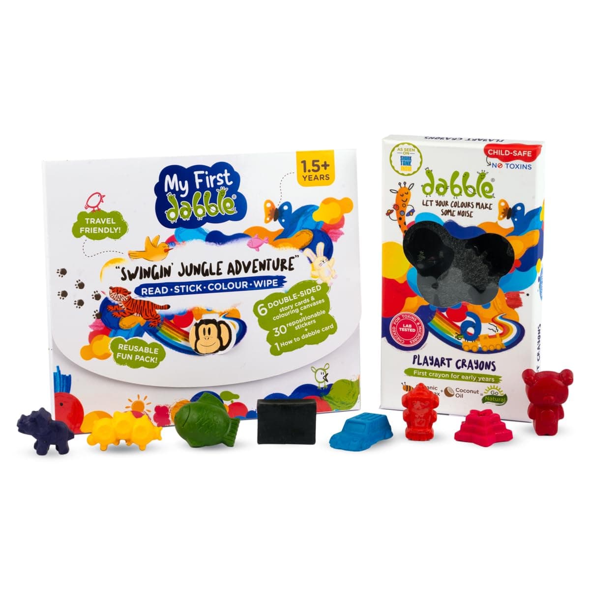 dabble My First Swingin’ Jungle Adventure+Crayons Combo | Stickers Art Reusable Story Card Set for Kids | 8 Unique Child-Grip Crayon Shapes | DIY Creative Activity Kit, For 1.5+ years