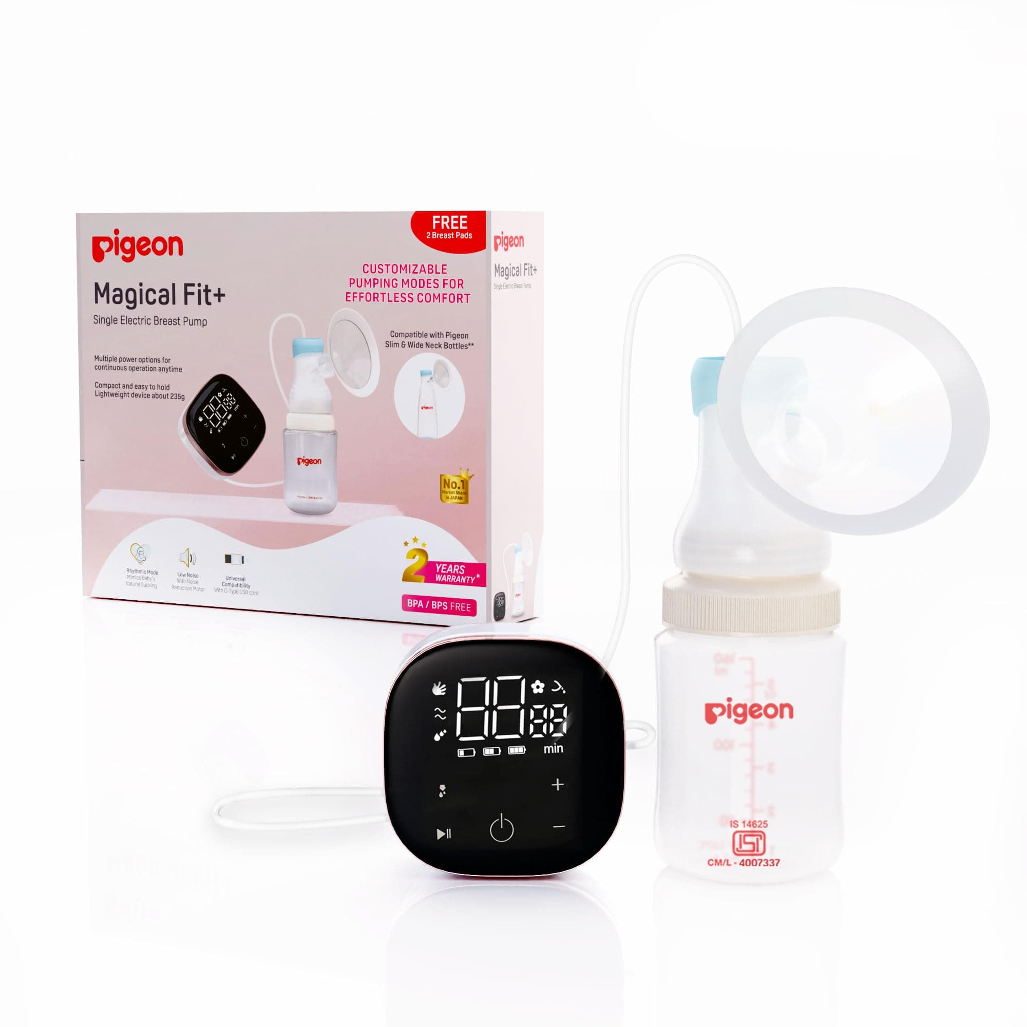 Pigeon Magical Fit Electric Breast Pump | Rechargeable Battery | Quiet Motor, Digital Touch Screen, 4 Stage and 10 Level Suction, BPA and BPS Free | Digital Touch Screen