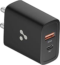 Ambrane 20W Dual Port Wall Charger, USB & Type C Adapter Fast Charging for iPhone 16/15/14/13/12/11 (Pro,Pro Max,Plus), iPad, Google Pixel, Samsung & All Type C Devices BIS Certified (H11 Black)