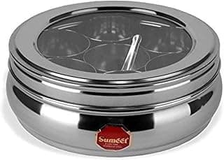 Sumeet Stainless Steel Belly Shape Masala (Spice) Box/Dabba/Organiser With See Through Lid With 7 Containers And Small Spoon (Small), Beige