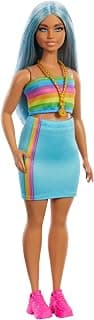 Barbie Fashionistas Doll #218 with Long Blue Hair, Rainbow Top & Teal Skirt, 65th Anniversary Collectible Fashion Doll