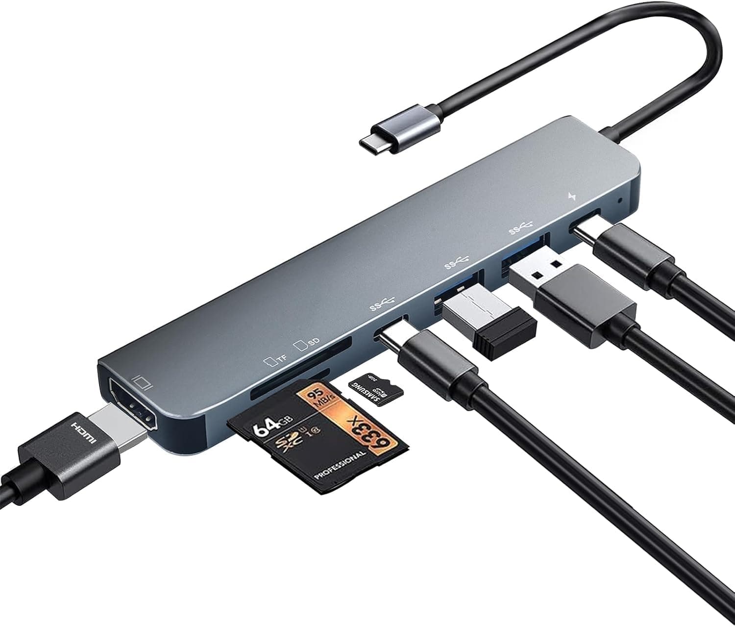 PESOMA USB C Hub – 8-in-1 USBC Adapter with USB, C-USB, 100W PD, USB 3.0 5Gbps Ports, SD/TF Card Reader – USB-C Dongle for Office, Meetings, Home-(Silver-HDMI)