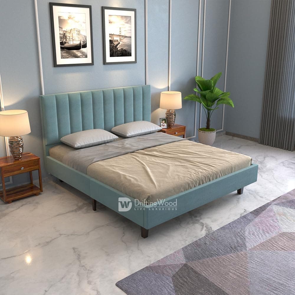 DRIFTINGWOOD Florina Solid Engineered Wood Low Height King Size Bed Without Storage | Wooden Double Bed | Low Floor/Level/Profile Cot Bedroom Furniture | Cyan, Self Assembly (DIY)