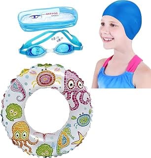 Fancydresswale Swimming Set for Kids with Swimming Goggles, Cap and Swim Ring, Random Colors and Design; Suitable of 3-6 Years (Swim Ring + Goggles + Cap)