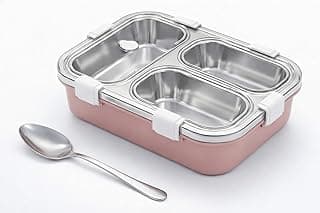 Umadiya® 3 Compartment Lunch Box Insulated Air Tight And Portable Utensils, Stainless Steel 100% Leak Proof Lunch Containers with a Fork, a Spoon and a Pair of Chopsticks For School Kids -750Ml (PINK)