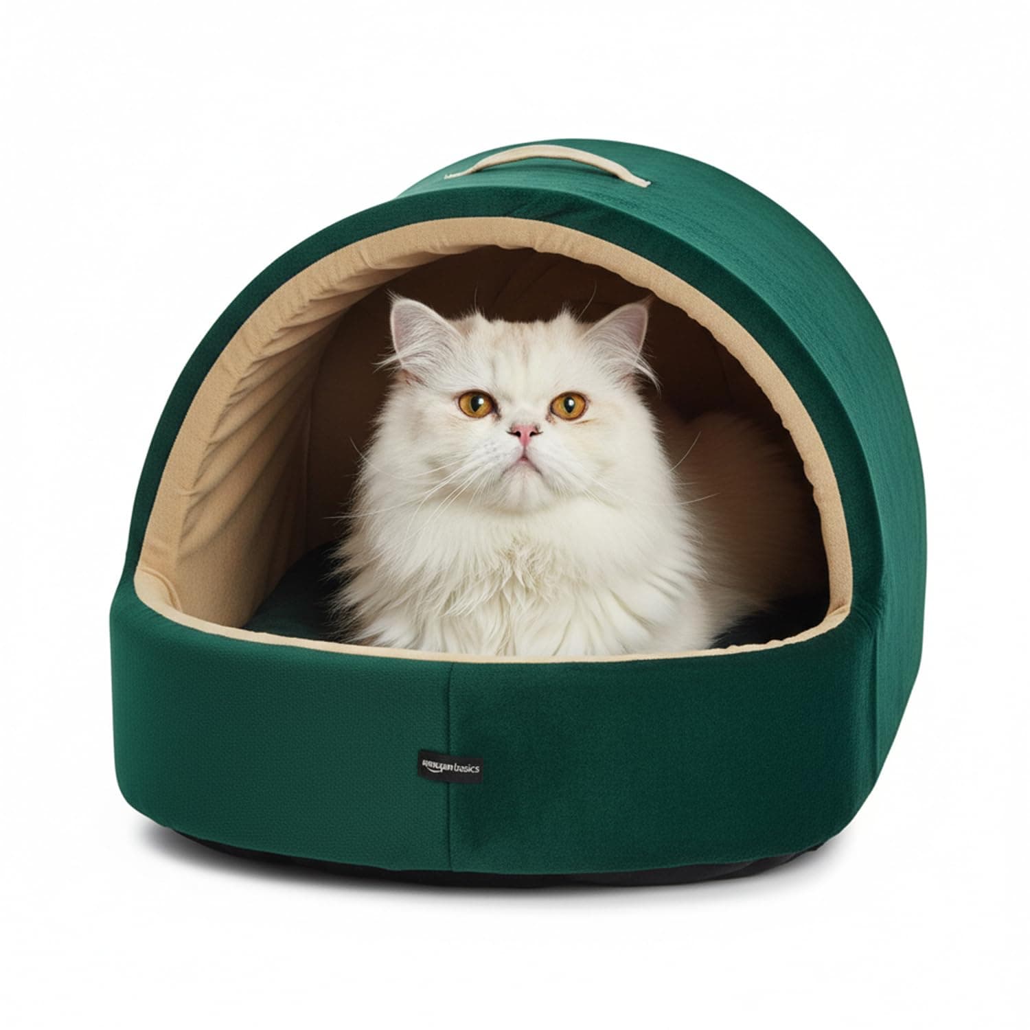 Amazon Basics Pet Bed Cave | Soft & Warm Indoor Tent Bed for Cats, Kittens & Small/Medium Dogs (Pug, Beagle, Shih Tzu) | Foldable with Removable Cushion | Emerald Green & Beige | 59 × 56 × 48 cm