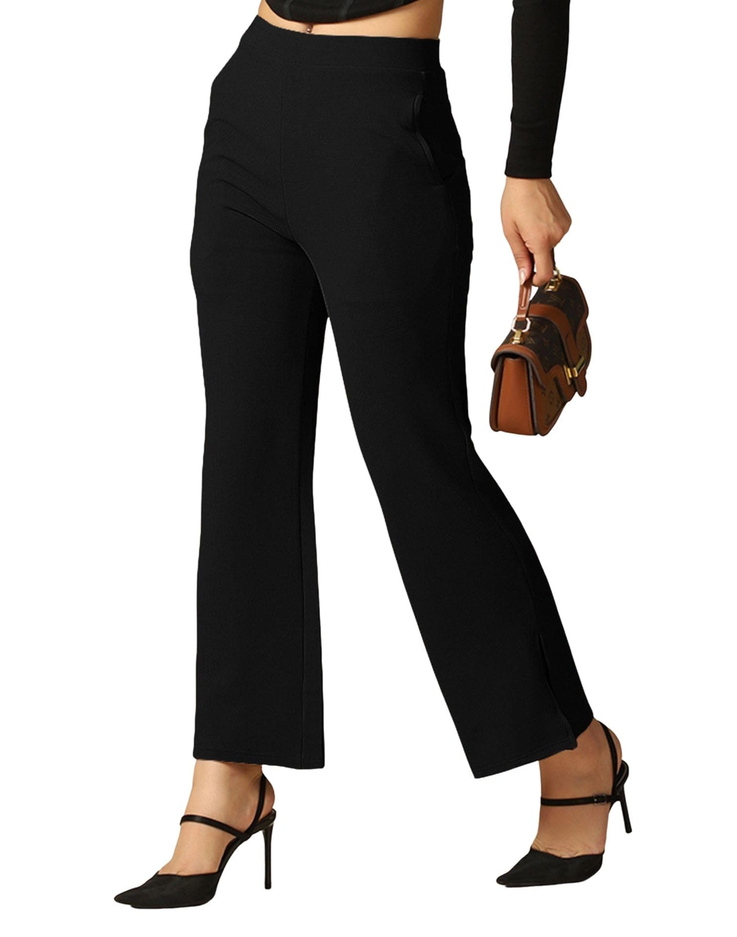 SIRIL Women's Straight Fit Mid Rise Textured Polyester Solid Regular Fit Trouser Pant for Office, Elegant Workwear for Office, College & Events
