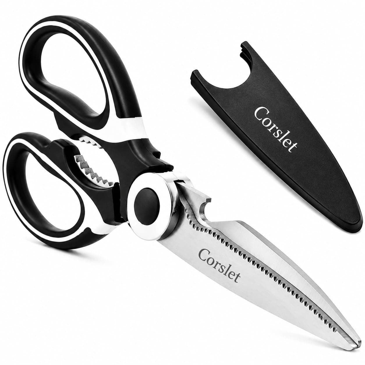 Corslet Multi-Purpose Kitchen Scissors, food scissors,Premium Stainless Steel Solid Kitchen Shears for Meat, Seafood, Chicken, Vegetables, Herbs, BBQ, Bottle Opener Size Comfortable Grip (Black)