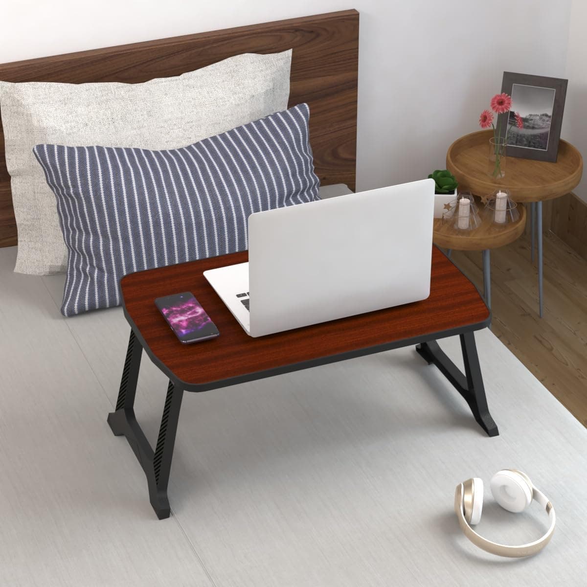 TABLE MAGIC® Mini Magic-Pro Compact Foldable Lap Desk | Portable Bed Table for Laptop, Study, Meals | Engineered Wood Top with ABS Legs Table top 57 x 36, Height 28 cm (Mini Magic- Pro, Mahogany)