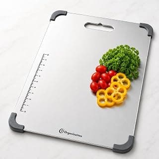 Organizemee Steel Chopping Board Medium 31.8x21cm, Stainless Steel Cutting Board for Kitchen Use, Everyday Rust-Proof Chopping Board with Non-Skid Silicon Corner Pads for Vegetables and Fruit