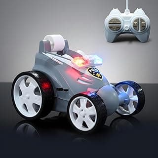 Remote Controled Police Stunt Car Toy, All-Terrain Performance, 360° Rotating Rolling LED Flashing Lights with Police Siren Sound, Anti-Skid Rubber Tires, Grey, C Type Rechargeable