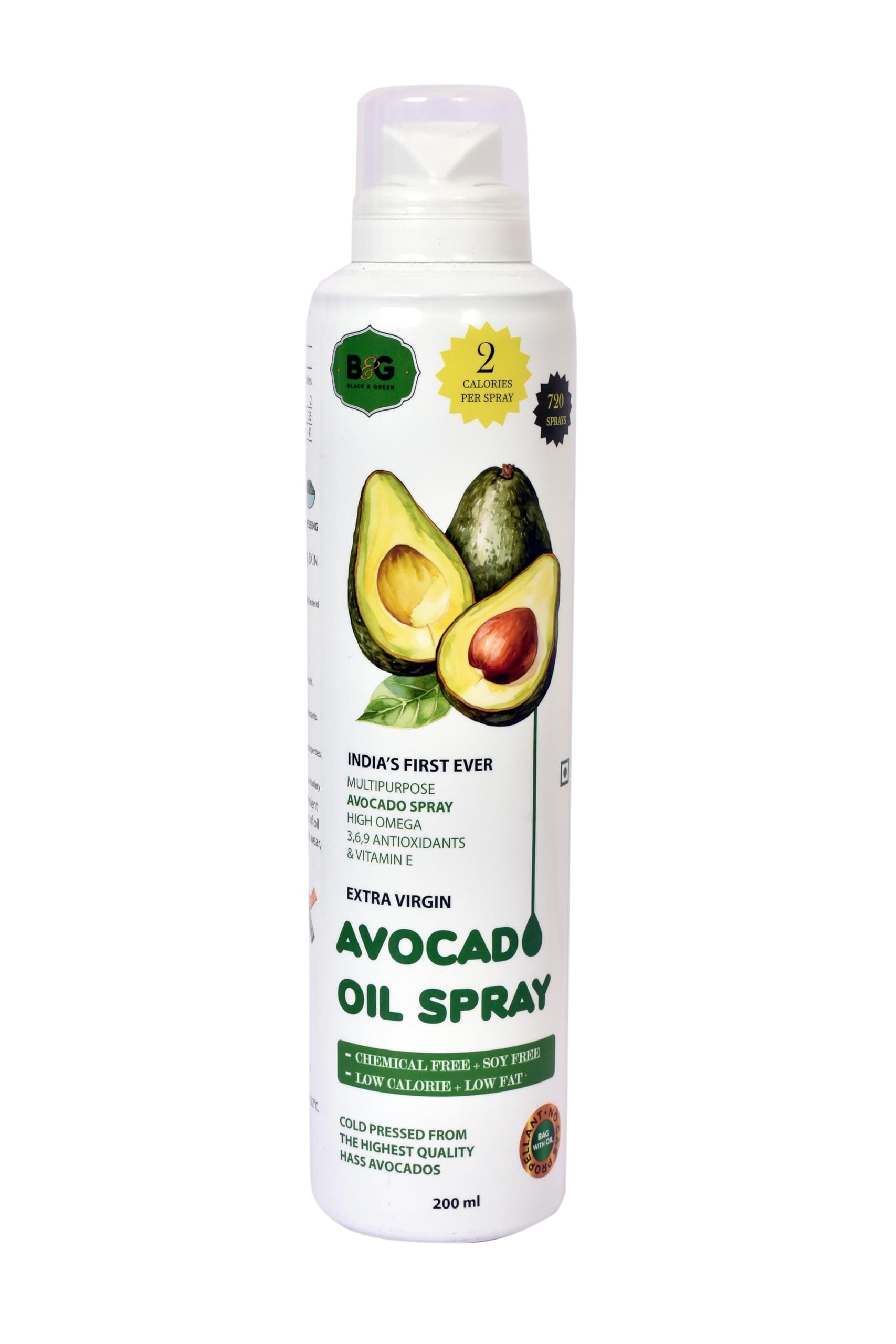 Black & Green Extra Virgin Avocado Oil Cooking Spray, 200ML, Chemical Free. 300°C Smoke Point, for High Heat Cooking, Baking and Frying