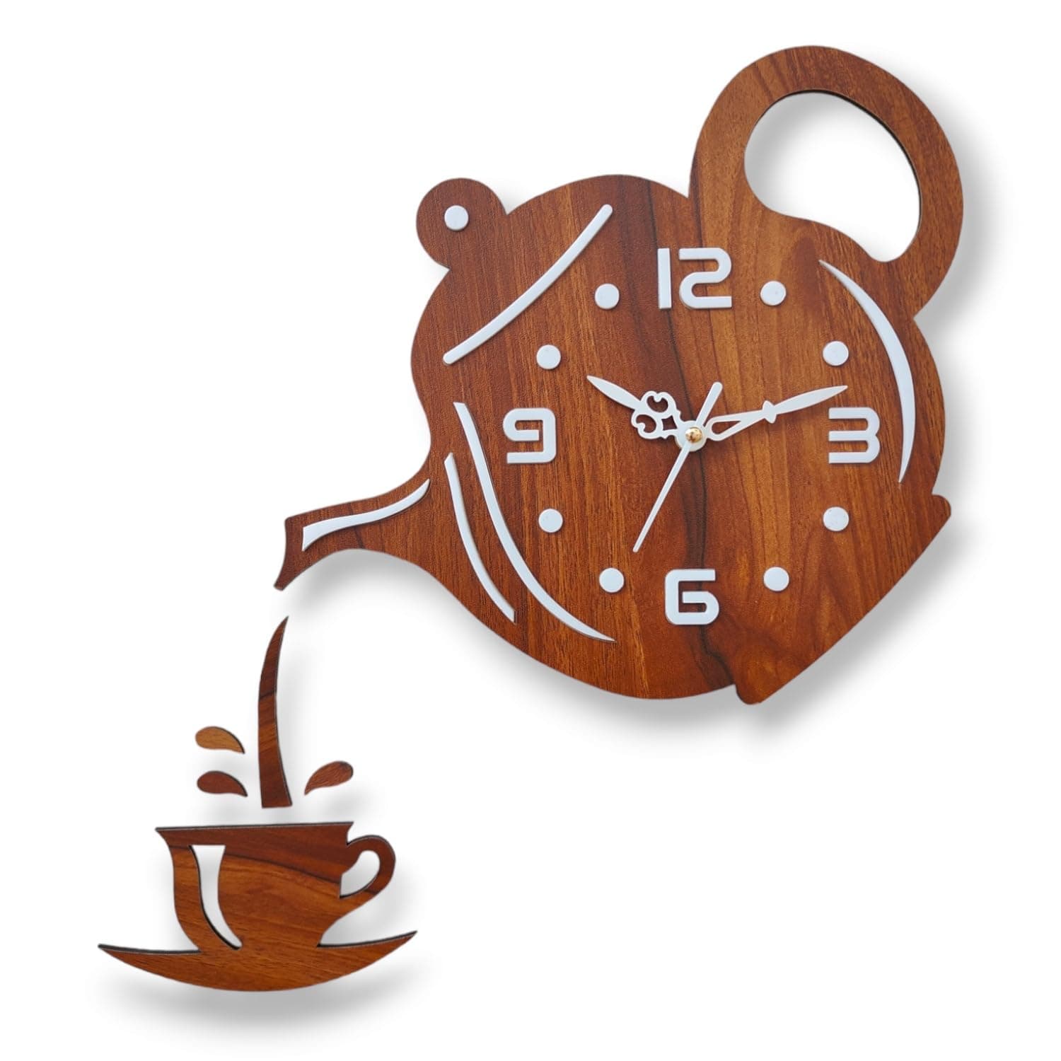 cozyloom Tea Time Theme Wall Clock - Creative Wooden Wall Clock with Teapot & Cup Cutout DesignAnalog Kitchen Clock for Wall Decor & Gift Use (Light Brown)