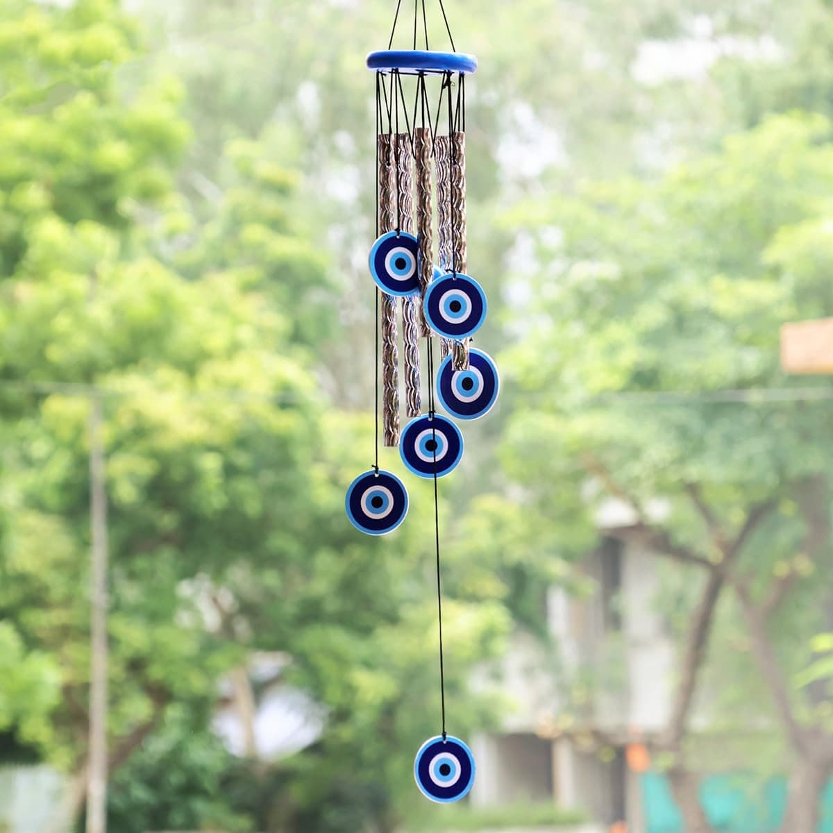 9Dzine Evil Eye Wind Chimes for Home 27 Inch | Silver Metal Pipe Wind Chime with Evil Eye Protection | Feng Shui Wind Chimes for Balcony, Bedroom & Home Décor