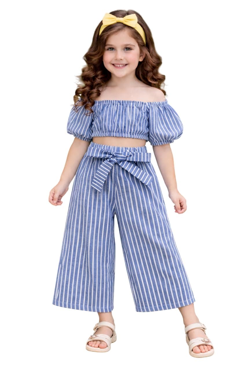 Pujia Mills Baby Girl Striped Printed Off Shoulder Crop Top and Trouser Set for Kids (BGD 4)
