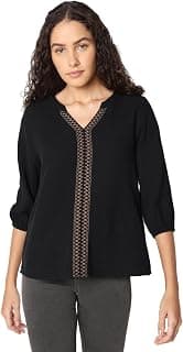 VERO MODA Women's Cotton Regular Bishop Sleeves Embroidered Monochrome Top | Mandarin Collar | V-Neckline | Black Top for Women