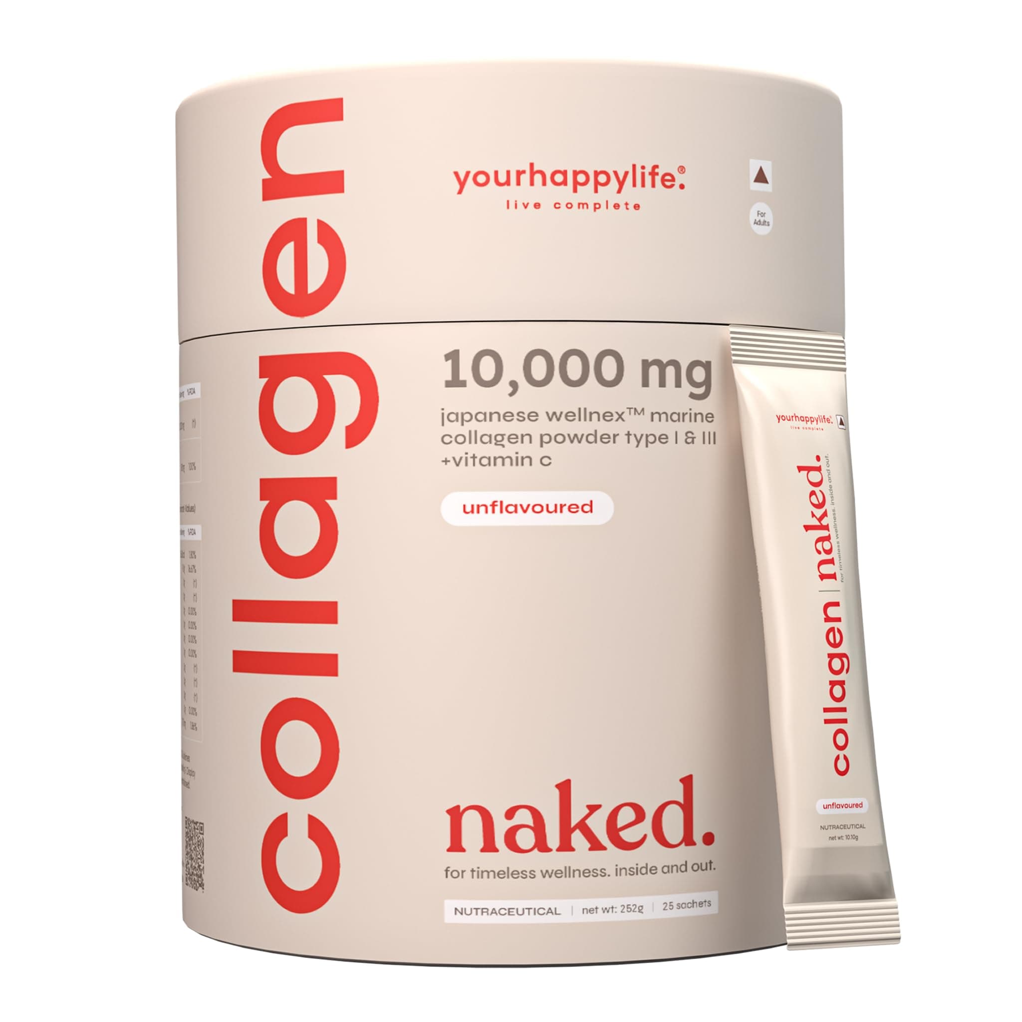 YourHappyLife Naked Japanese Marine Collagen Supplement Type 1 & 3 with Vitamin C for Men & Women|Skin, Joints, Hair & Nails|10000mg Hydrolyzed Peptides Fast Absorption|Pack of 1 (250 gm)-Unflavoured