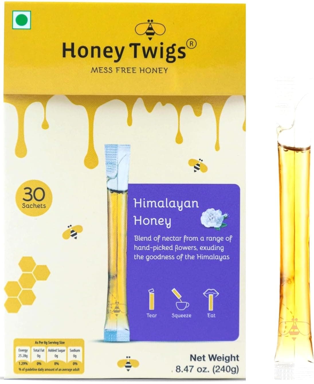 Honey Twigs Himalayan Multiflora Honey, 240g (30 Sachets) | Natural source of energy | Traceable Source | Lab-tested and free from antibiotics