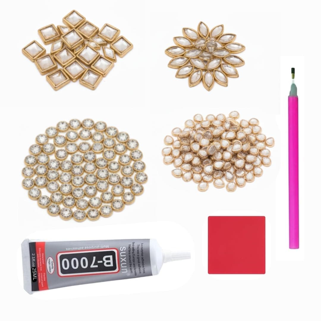 Wowtag Kundan Stones kit 4 Shape Combo, Each 25 Grams, White, with Glue Pen, B7000 25 ml | Flat Back Stones for Saree, Blouse, Lehenga Embroidery, aari Work Stones, Bangles Making, Craft Work