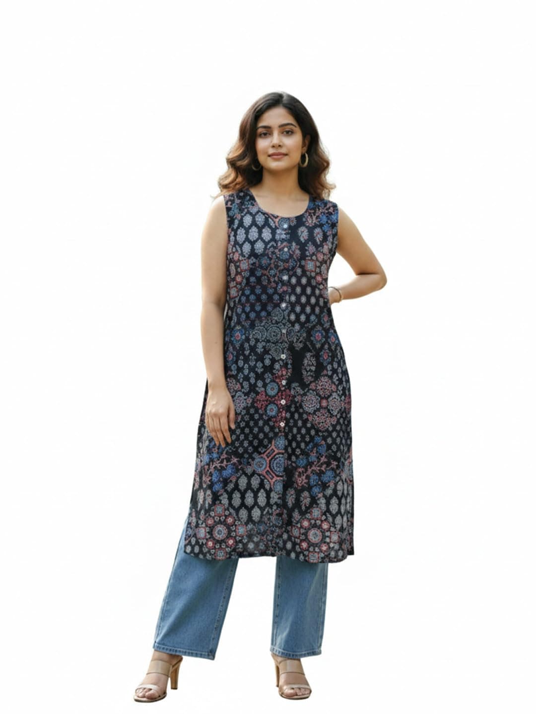 Varanga Women Sleeveless Ethnic Printed Straight Kurta with Round Neck