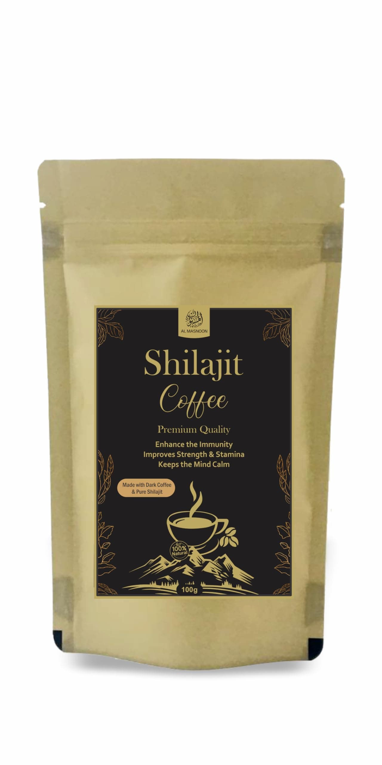Al Masnoon Shilajit Coffee 100g Pack of 1 - Premium Dark Arabica Beans Infused with Pure Shilajit 100% Natural/No Chicory Added