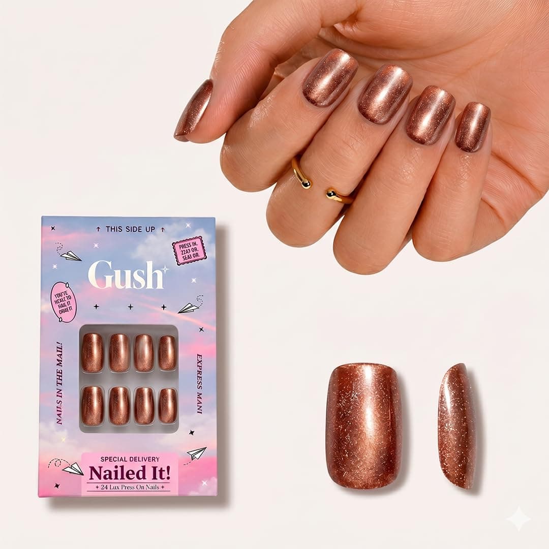 Gush Beauty Magnetic Cat Eye Press On Nails, Velvet Cherry Cola | 1 Set | Magnetic cat eye velvet shimmer press on nails with glue & adhesive tabs - reusable, salon-style manicure in minutes.