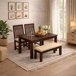 Solid Sheesham Wood Dining Table 4 Seater Dining Table Set with 2 Chairs & 1 Bench Dinner Table Set for Dinning Room Home & Hotel|Modern Dining Room Set (Walnut, 4 Seater) Self Assembly