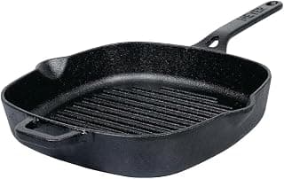 Meyer Cast Iron Grill Pan | Cast Iron Pan | Tandoor Grill | Cast Iron Griller Pan Big Size, Gas and Induction Compatible, 25cm, Black