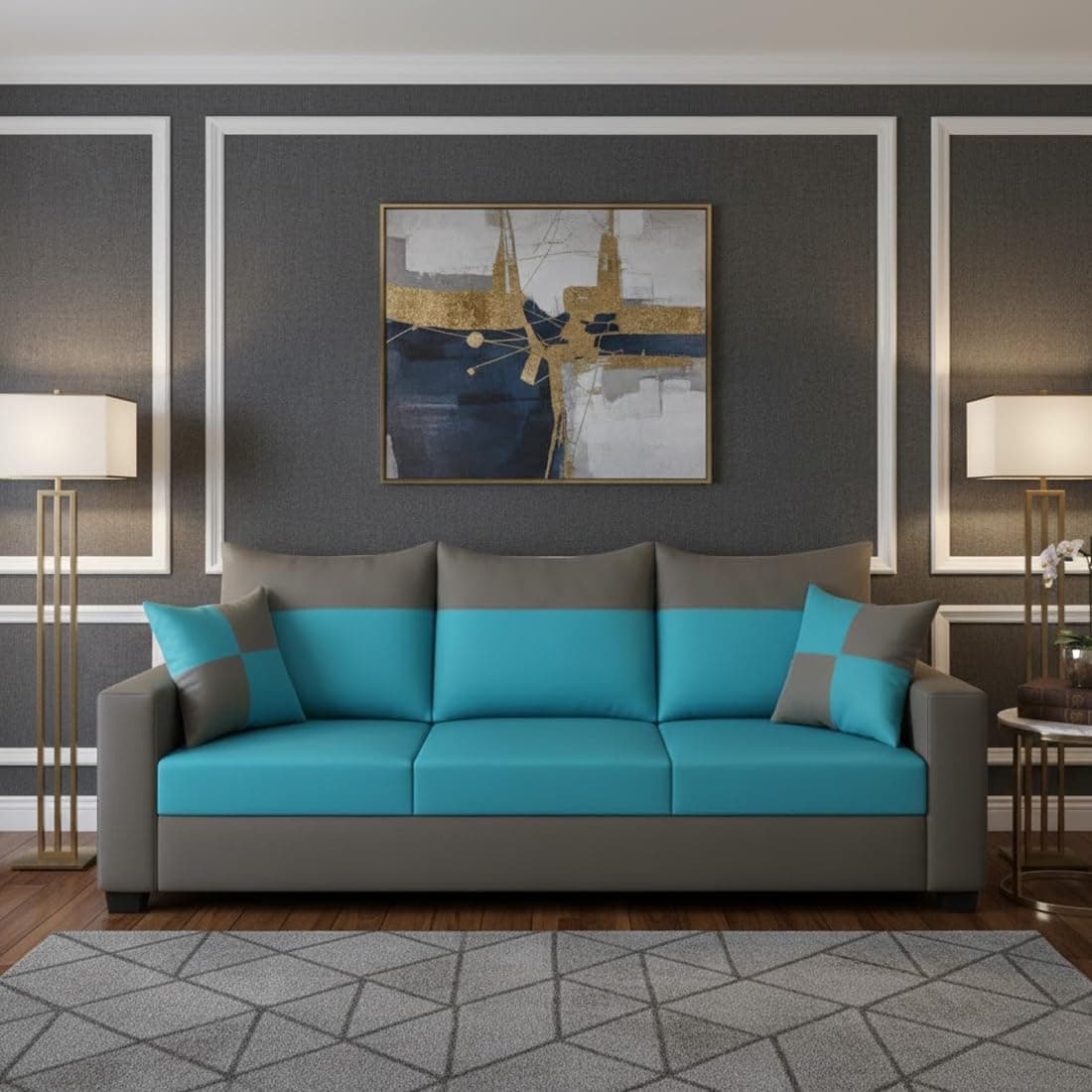 FURNY Arissa 3 Seater Fabric Sofa Set (Aqua Blue-Dark Grey) Premium Velvet Finish | Durable Comfort | Ideal for Living Room