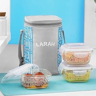 Vogue Blue Borosilicate Glass Lunchbox with Bag | Microwave & Dishwasher Safe, Leakproof | Tiffin for Office, School, College (320ml x 3)