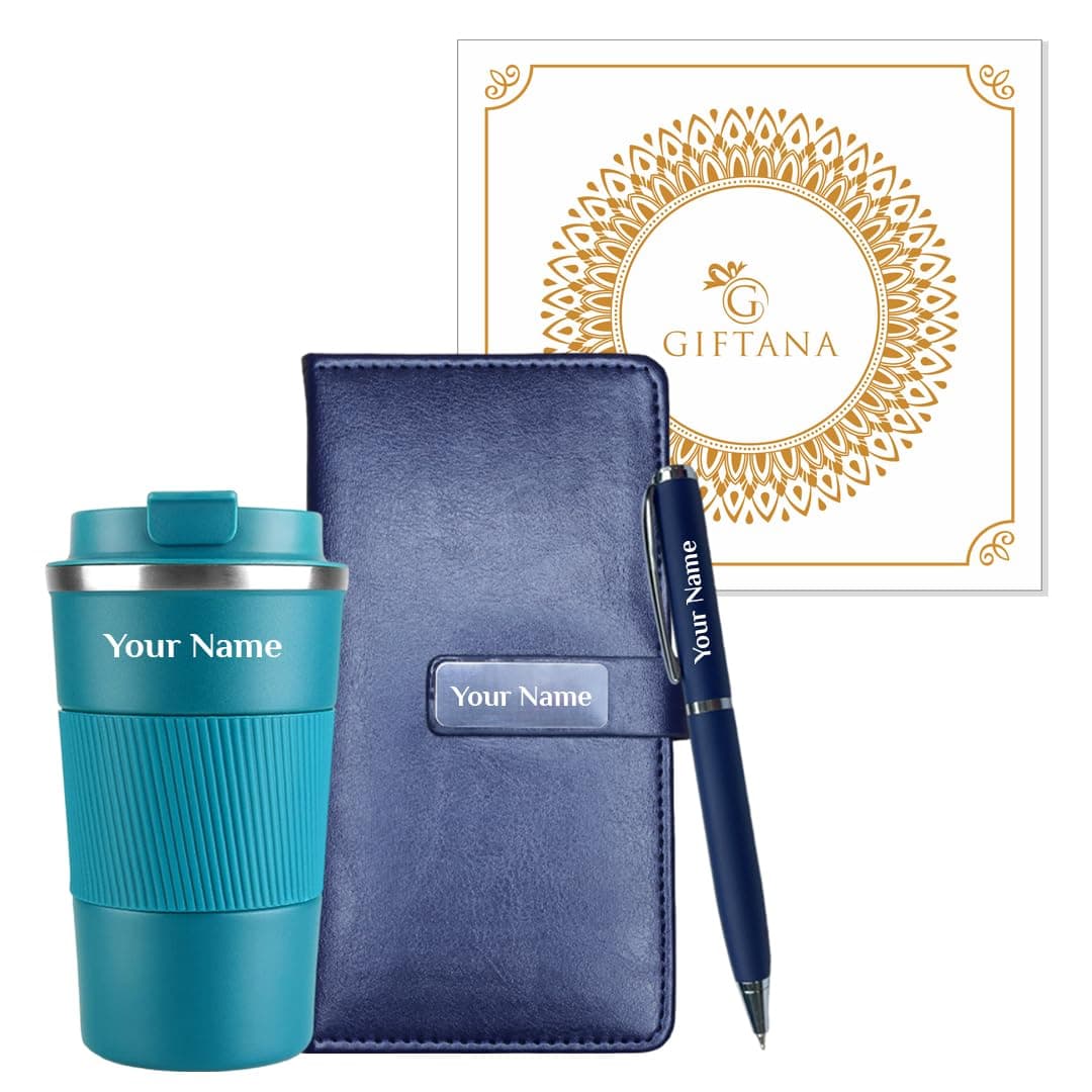 Giftana Personalized Diary with Pen, Coffee Tumbler with Name, 3 in 1 Diary, Pen, Tumbler, Personalized Gifts for Husband Birthday, New Year Corporate Gifts for Employee (Blue)