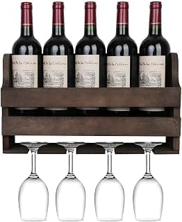 Genuine Decor Wall Mounted Wine Rack and Glass Holder, Rustic Wooden Wine Storage Display Shelf, for Kitchen, Dining Room, Bar, Home & Kitchen D?cor (Teak) Bar Cabinets