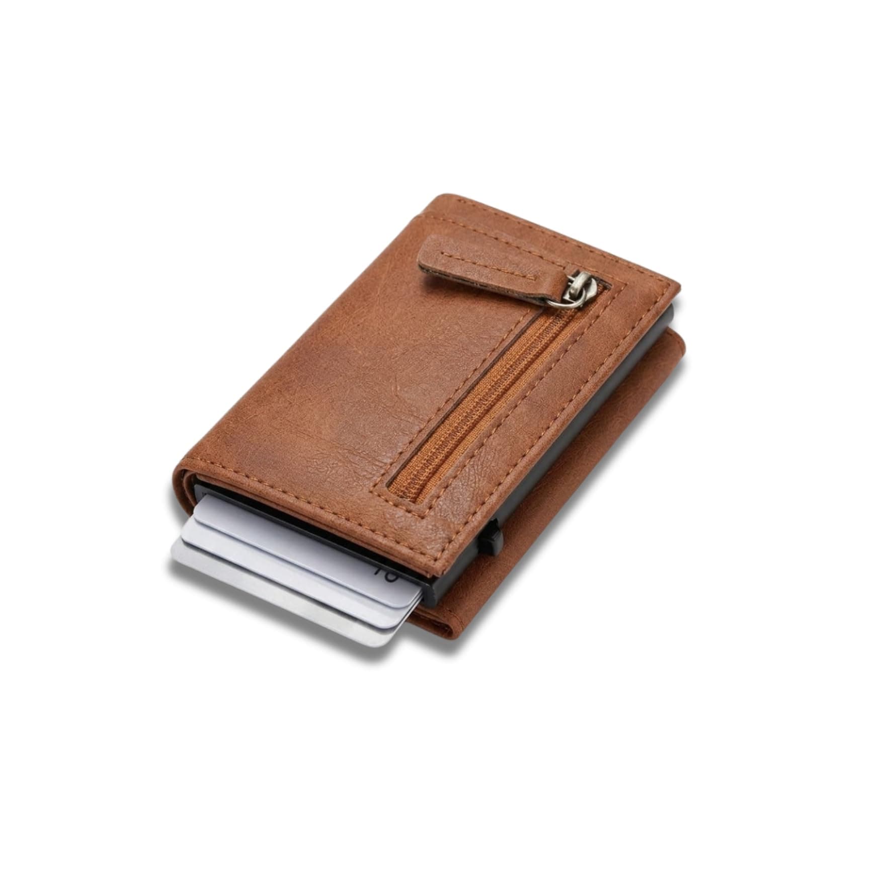 The Bae Gift Slim Leather Card Holder Wallet, Black, RFID Blocking, Zipper Pocket, Pop-Up Card Ejector (TAN)